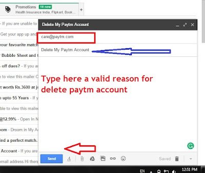 delete paytm account by sending mail to customer care